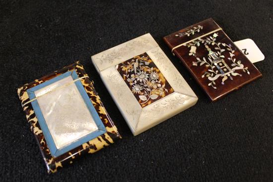 Three tortoiseshell card cases inlaid with mother of pearl and abalone (one a.f)